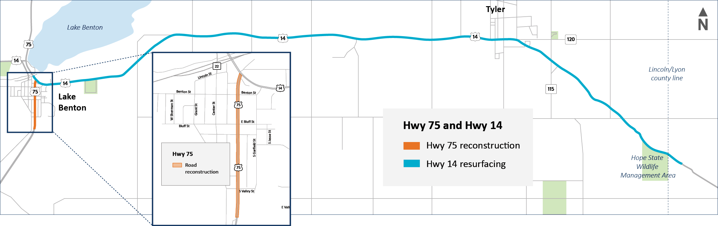 Graphic project map showing work on Hwy 75 in Lake Benton as well as along Hwy 14.